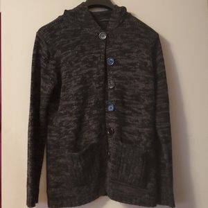 Black and gray hooded button down sweater